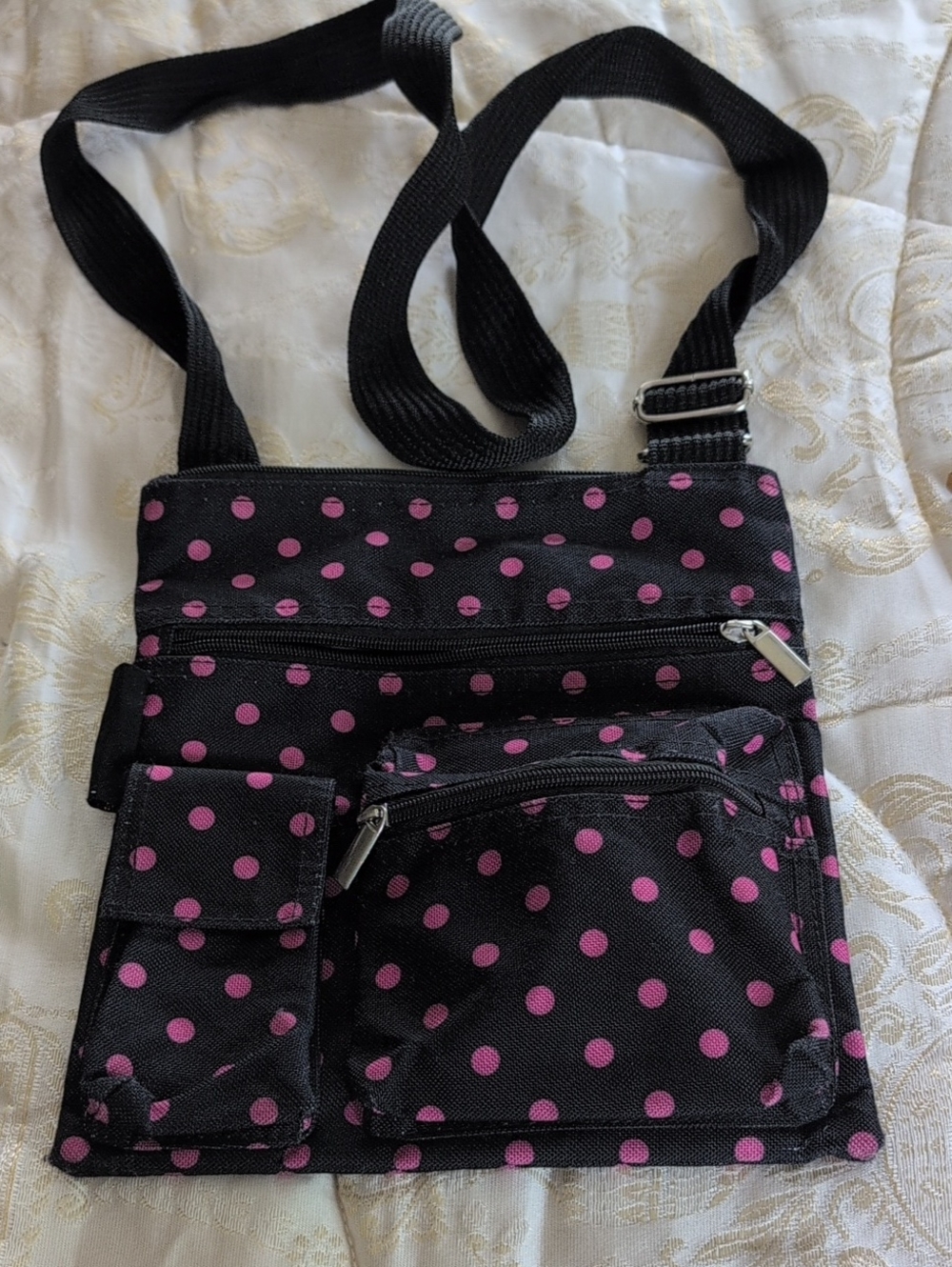 Navy Blue Crossbody Bag with Pink Polka Dots And An Adjustable Strap